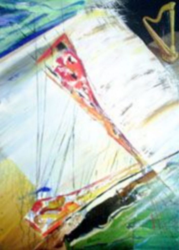 Poesía en colores José Luis Cervero ante una de las obras expuestas en Tres Cantos. A la dcha.