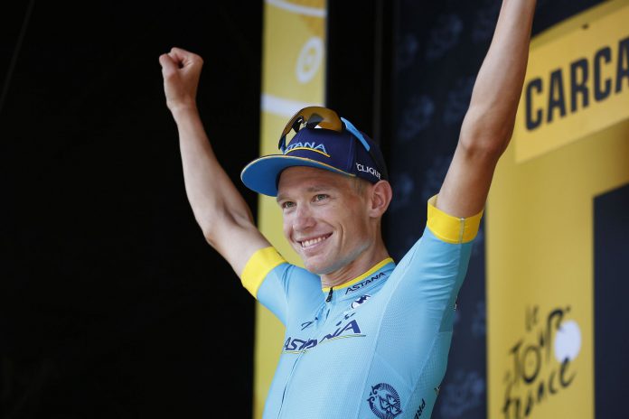 Tour de France 2018 - 15th stage El ciclista danés Magnus Cort Nielsen celebra en el podio la victoria durante la decimoquinta etapa del Tour.