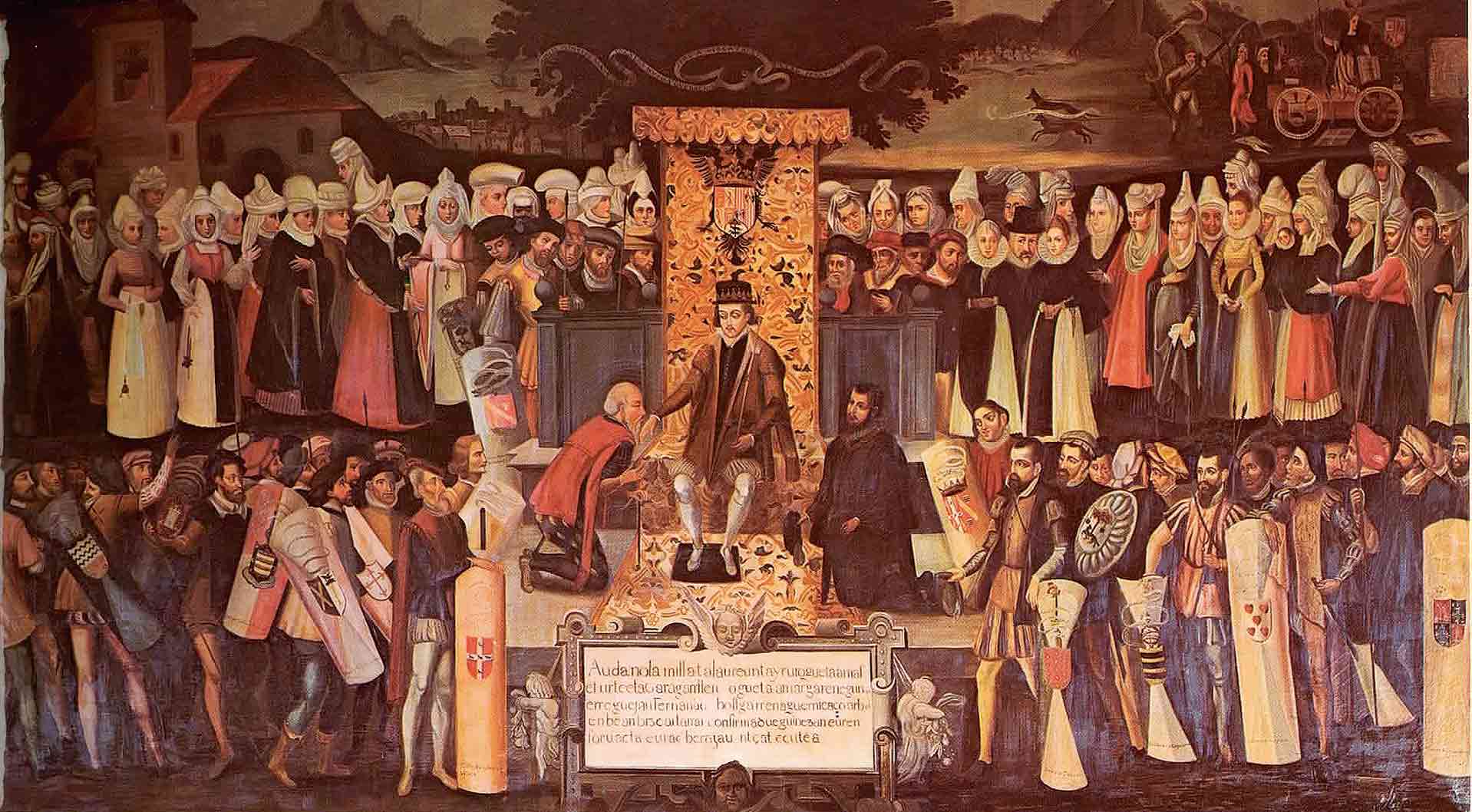 Fernando el Católico jurando los Fueros de Vizcaya en Guernica. Obra de Vázquez de Mendieta, «Besamanos».