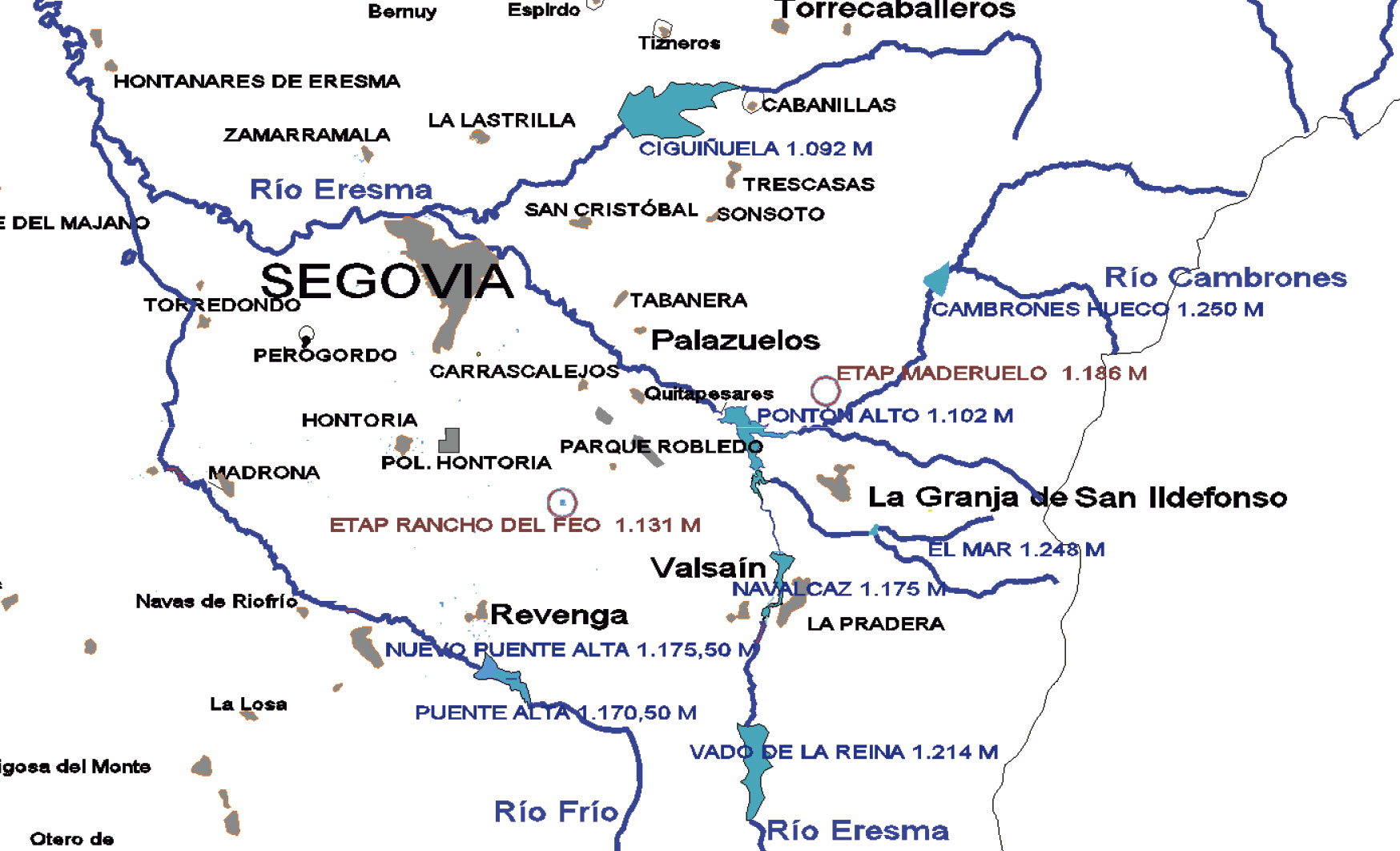 Fig. 3. Embalses existentes y estudiados de la zona de Segovia y su alfoz.